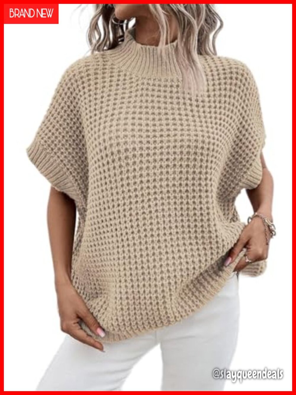 Oversized Batwing Sleeve Mock Neck Sweater Vest Sleeveless Knit Pullover